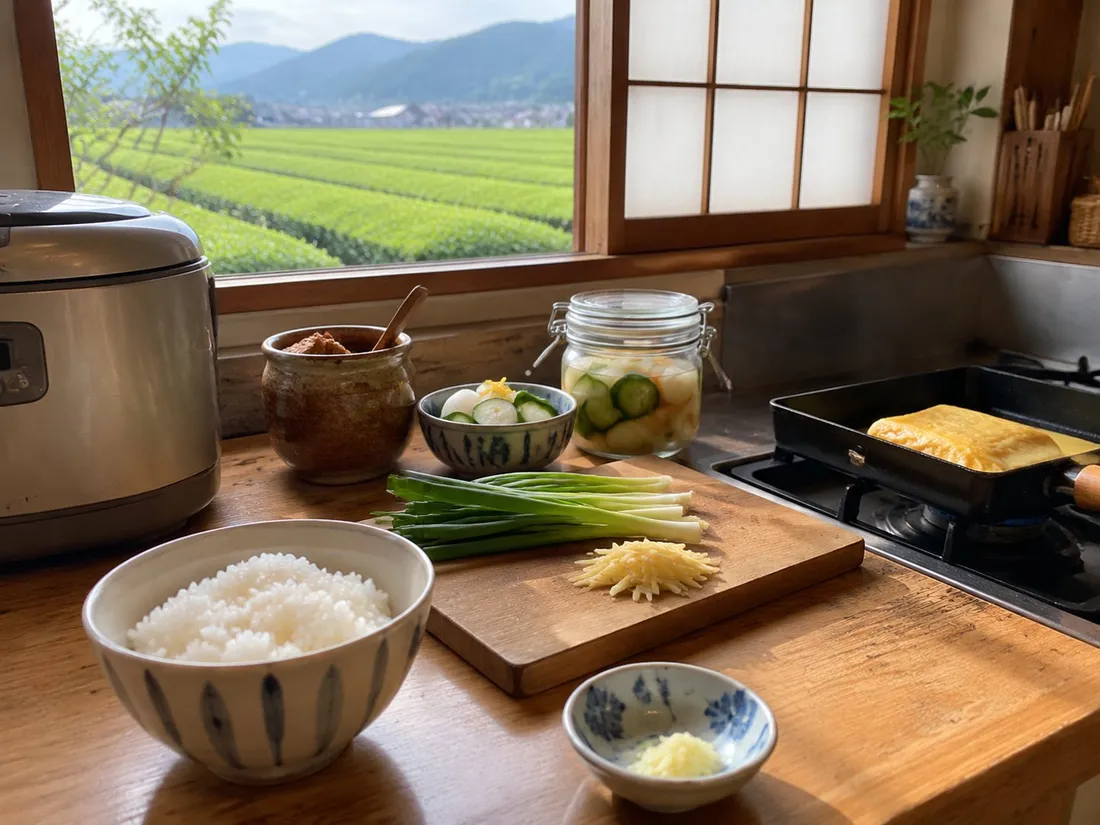 A small Japanese family kitchen with rice and fresh vegetables