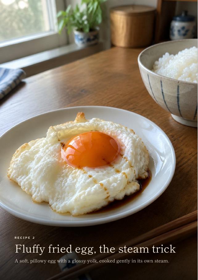 Fluffy fried egg, the steam trick